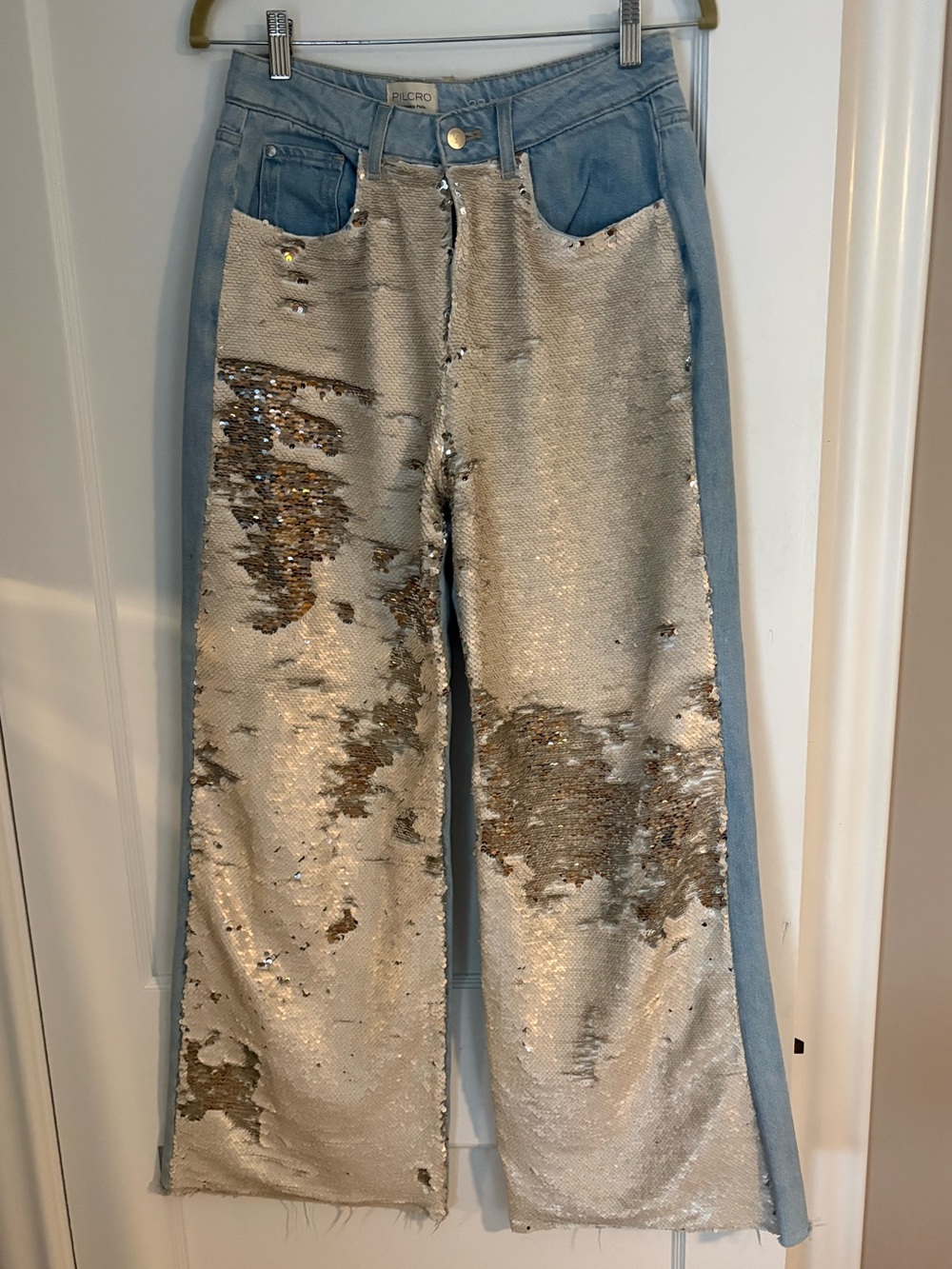 Pilcro Light Blue Denim Champagne Reversible Sequins Jeans